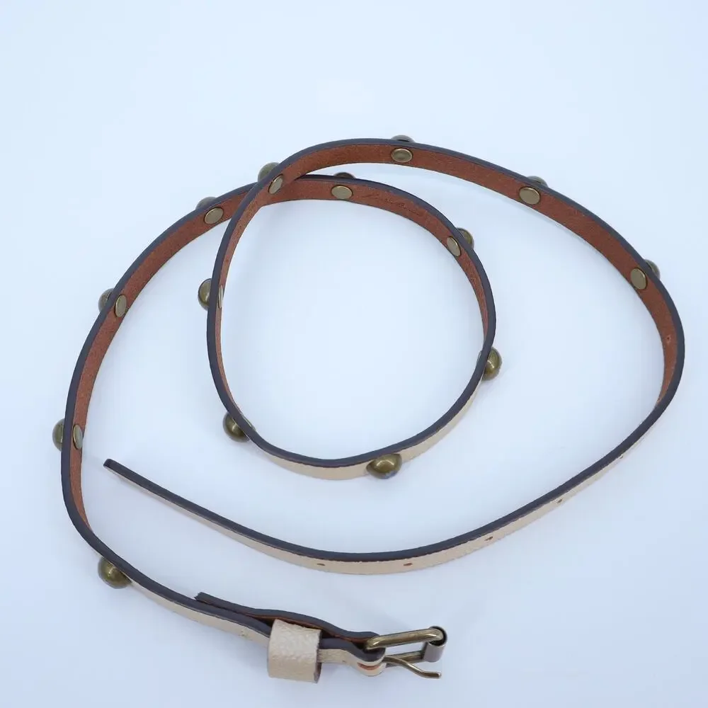 EDDIE BAUER Skinny Studded Belt Ivory and Bronze Pebble Leather Women's S